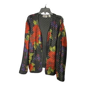 Chico's Design 100% Silk Jacket Cardigan MEDIUM Woven Floral Basket Weave Black